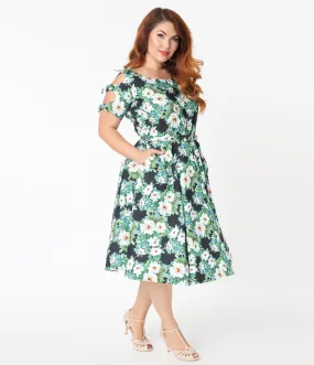 Unique Vintage Plus Size 1950s Black & White Floral Selma Swing Dress