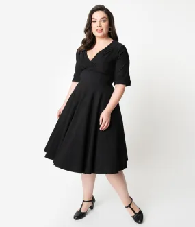 Unique Vintage Plus Size 1950s Black Delores Swing Dress with Sleeves