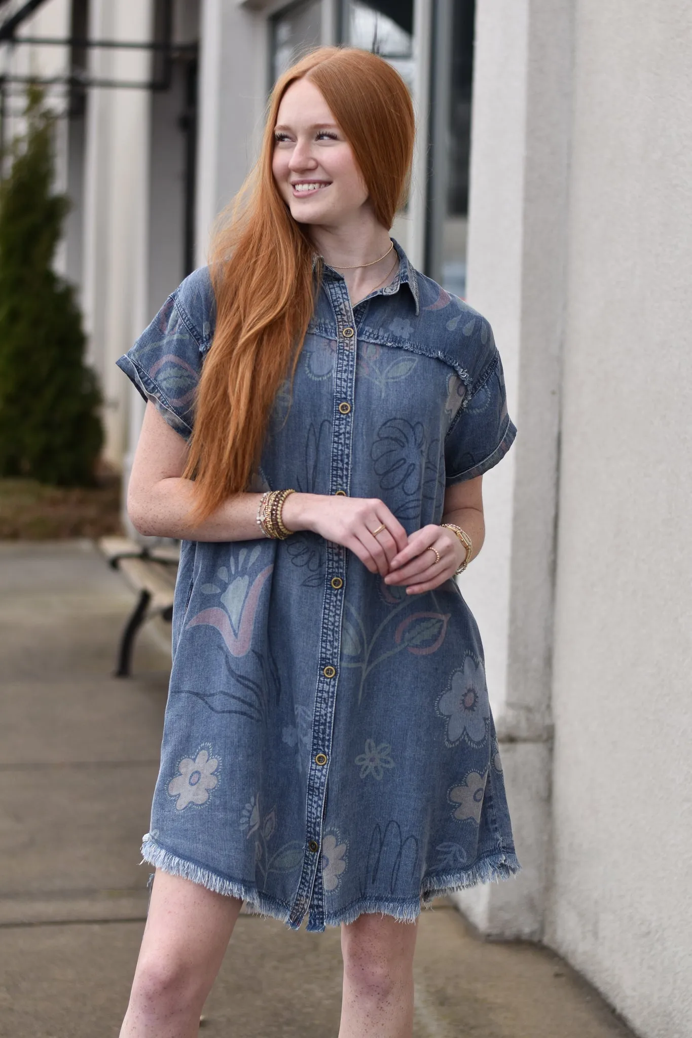 Washed Print Denim Shirt Dress