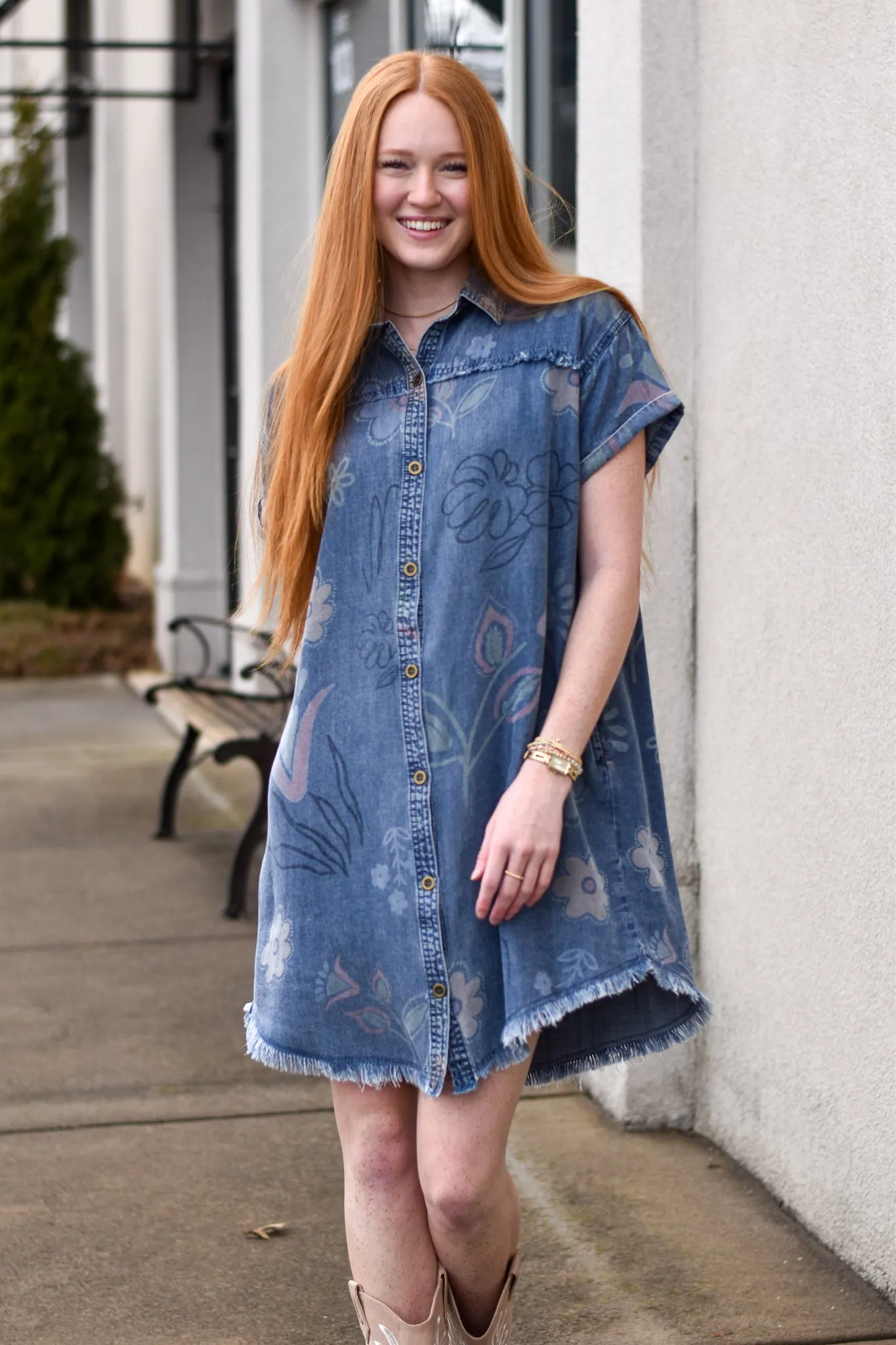 Washed Print Denim Shirt Dress