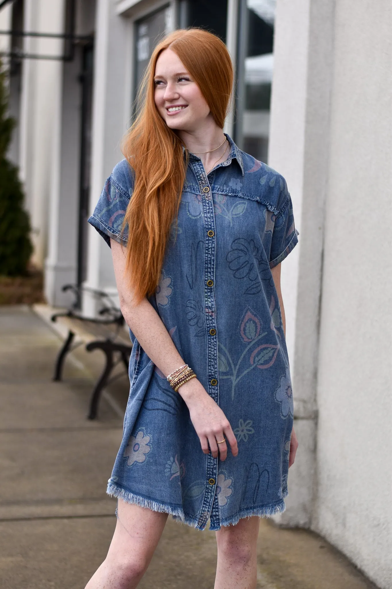 Washed Print Denim Shirt Dress
