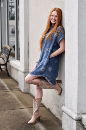 Washed Print Denim Shirt Dress