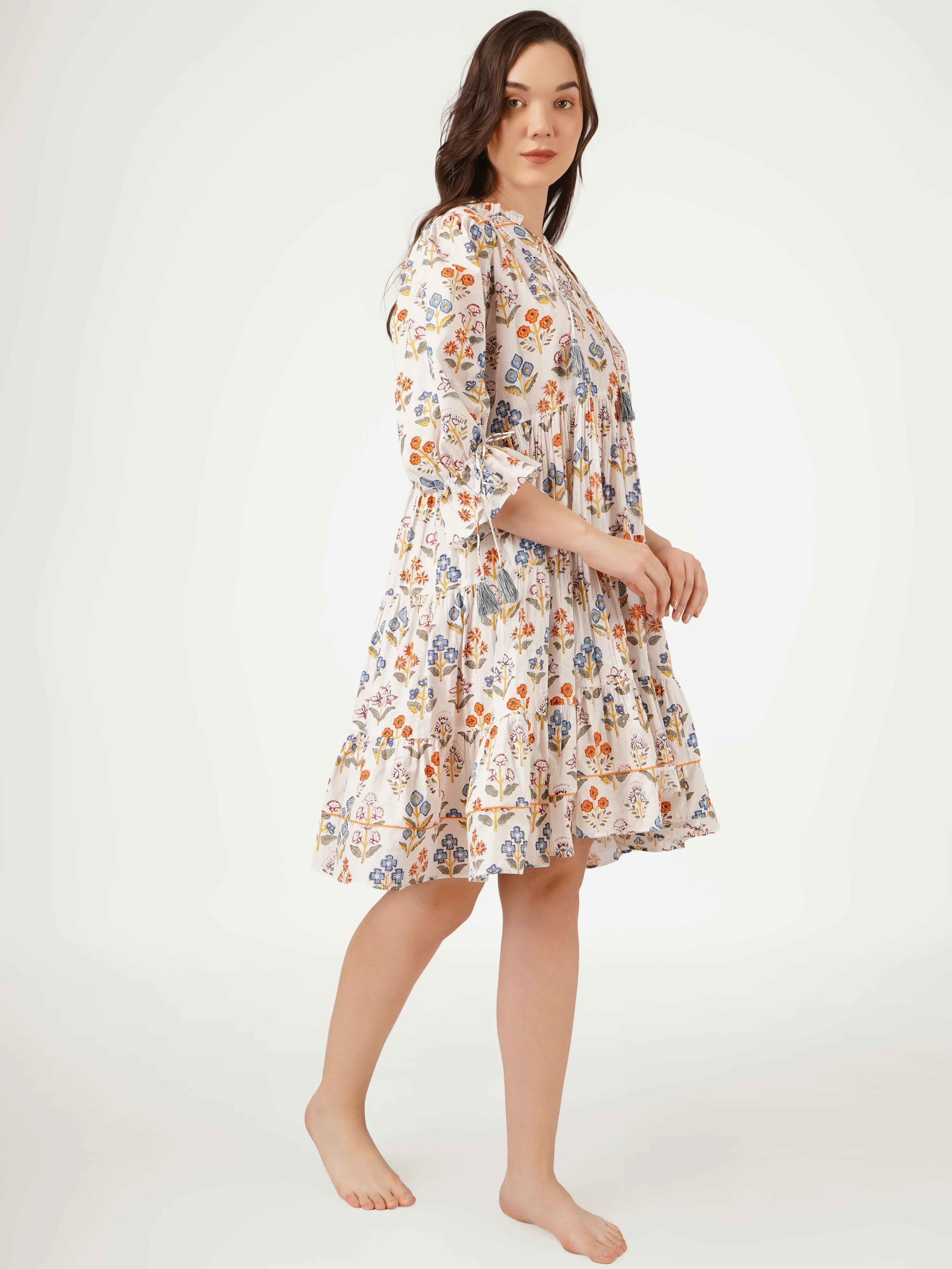 White Cotton Printed Anti Fit Dress