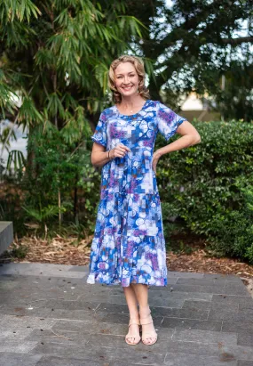 Willow Tree Abstract Print Frill Sleeve Tiered Midi Dress Blue Cobalt 8