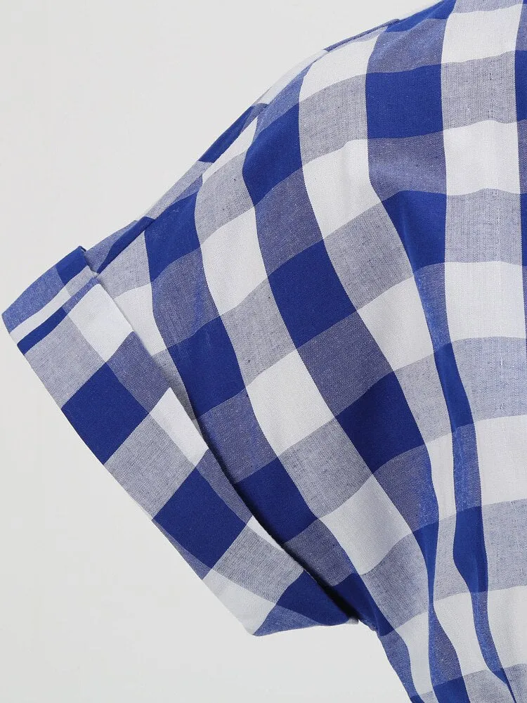Women Vintage Cotton Gingham Swing Dress