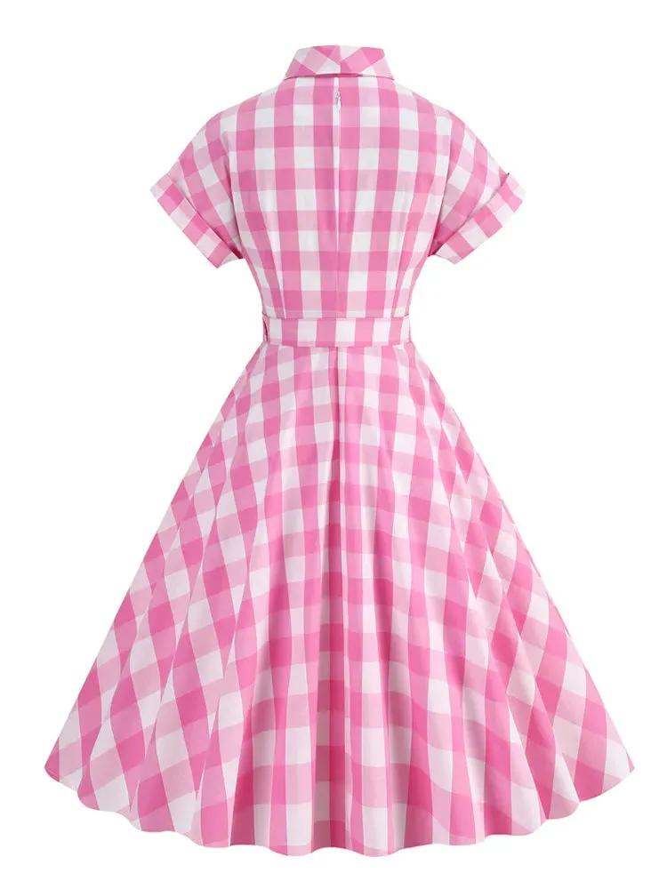 Women Vintage Cotton Gingham Swing Dress