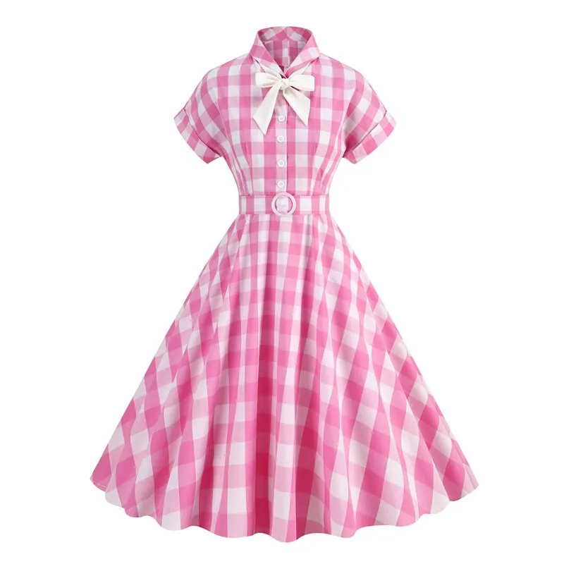 Women Vintage Cotton Gingham Swing Dress