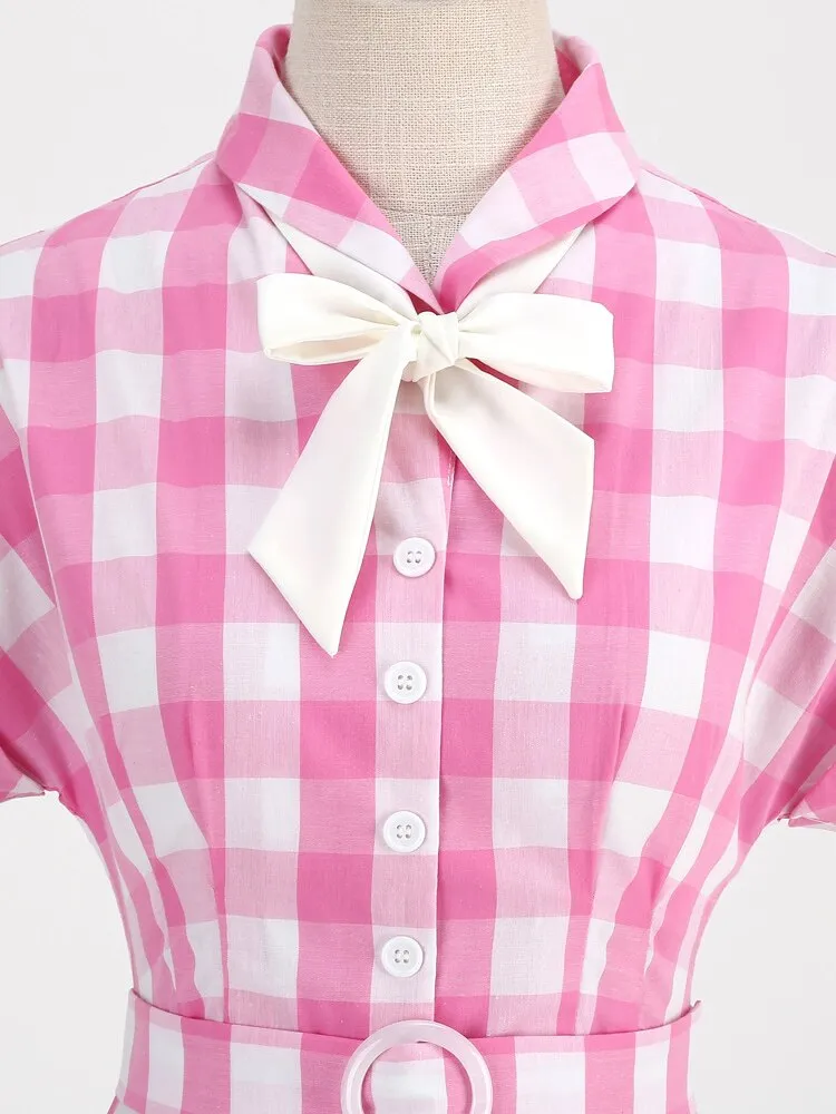 Women Vintage Cotton Gingham Swing Dress