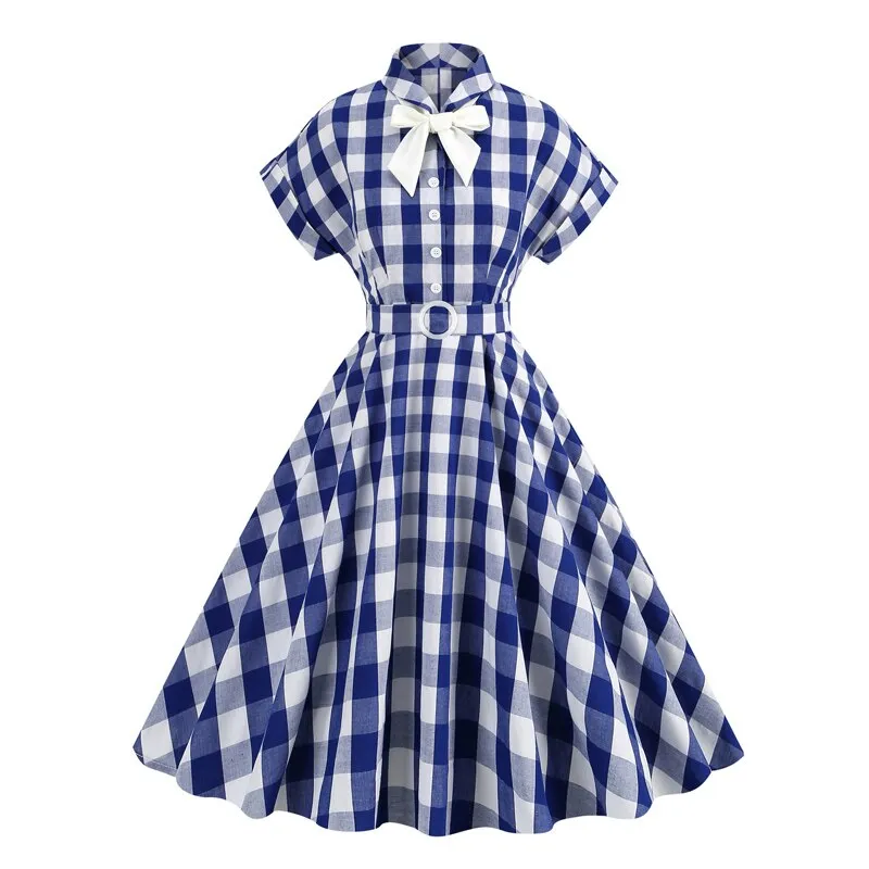 Women Vintage Cotton Gingham Swing Dress