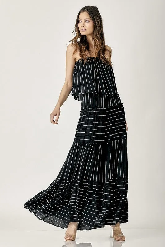 Womens Pinstripe Print Tube Maxi Dress SIZE S-L