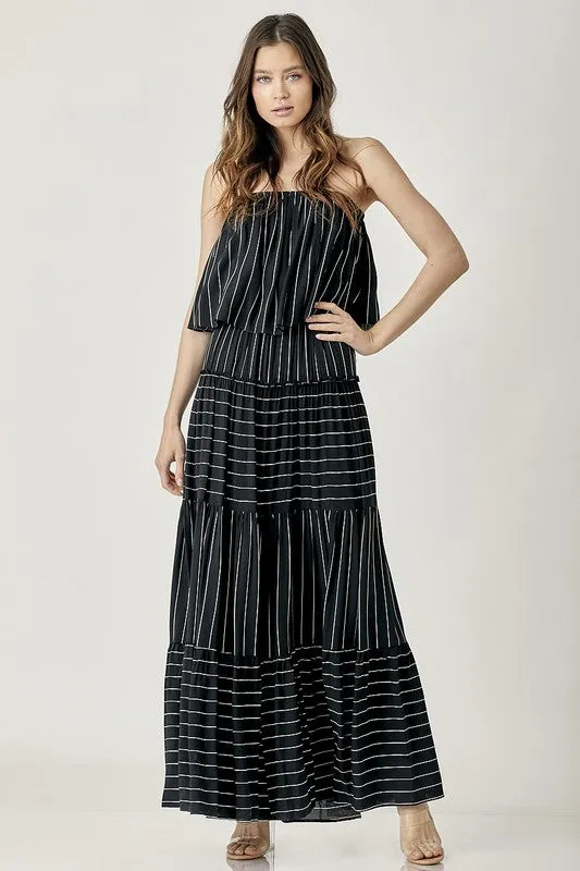Womens Pinstripe Print Tube Maxi Dress SIZE S-L