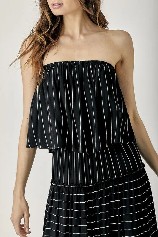 Womens Pinstripe Print Tube Maxi Dress SIZE S-L