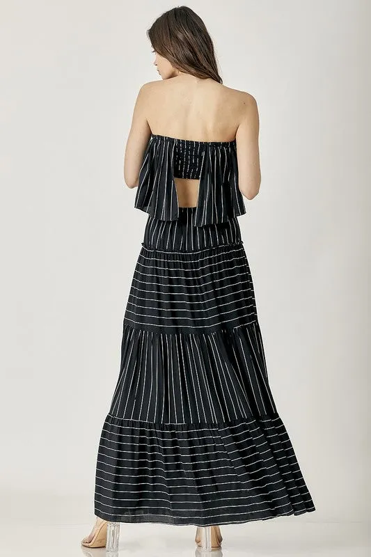 Womens Pinstripe Print Tube Maxi Dress SIZE S-L