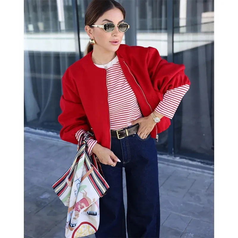 Women's round neck soft textured pilot jacket